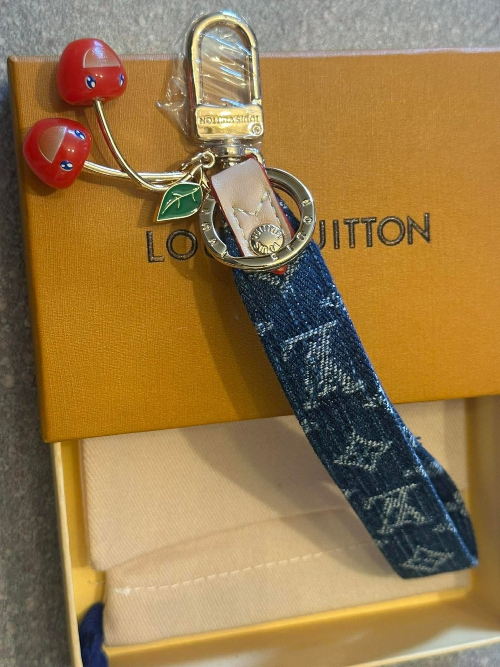 Fashion Blue Denim Monogram Key & Card Holder with Red Cherry Charm With Box